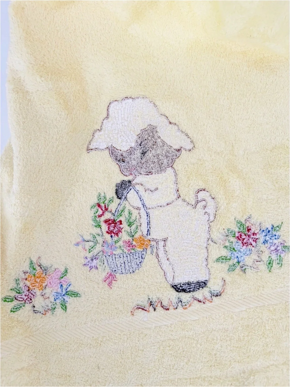 Vintage Lady Pepperell Cotton Yellow Bath Towel With Fluffy Lamb Floral Lace Bow